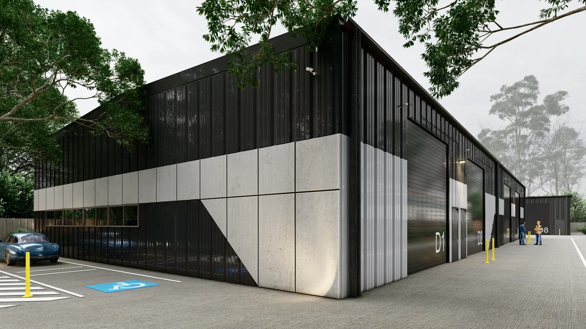 Chapman Road warehouse corner view with parking